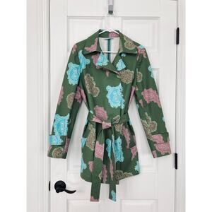Gene Meyer Short Trench Coat Snaps Tie belt Sz 10 - Paisley Green Pink Turquoise